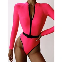 new pink color one piece swimsuit belt long sleeve swimwear sports womens swimming bathing suit beach wear bather surfing 2021
