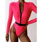 Новый слитный купальник розового цвета с ремнем и длинным рукавом, спортивный женский купальный костюм, пляжная одежда, купальщик для серфинга, 2021