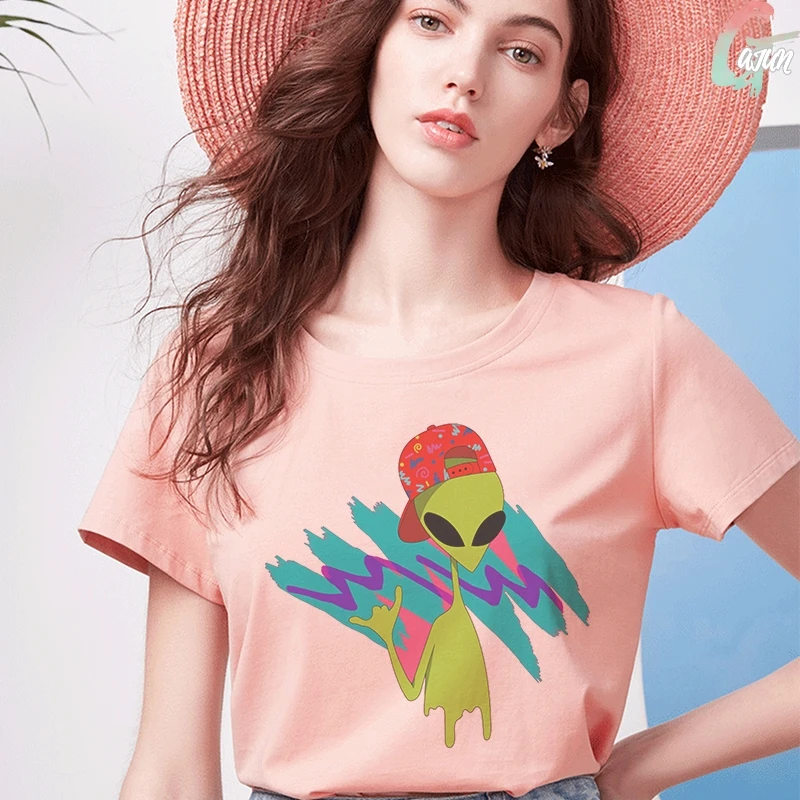 Летняя новая женская футболка с круглым вырезом розовая эстетичная в стиле панк