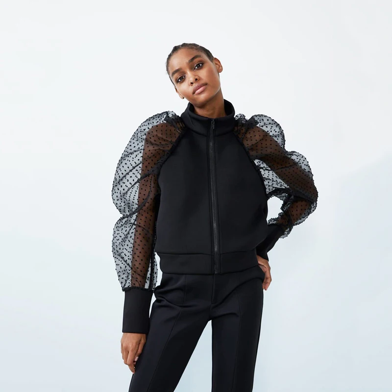 Свитер в горошек с прозрачными сетчатыми буфами на рукавах пальто для женщин