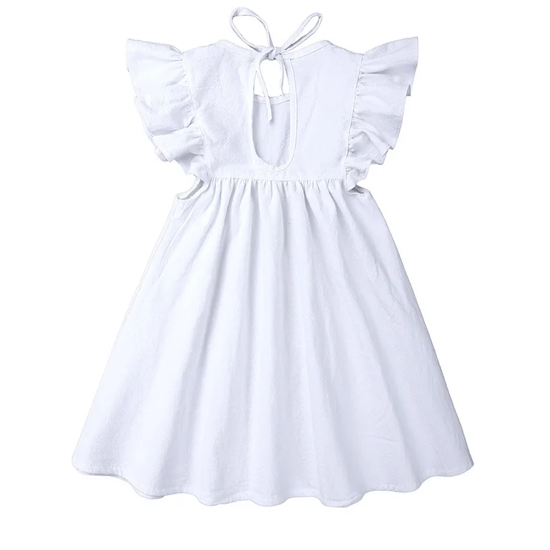 

2021 Ins Spring Summer New Girls' Dresses Fashion Cotton Linen Lace-up Flying Sleeve Lace Princess Skirt Children's Wear