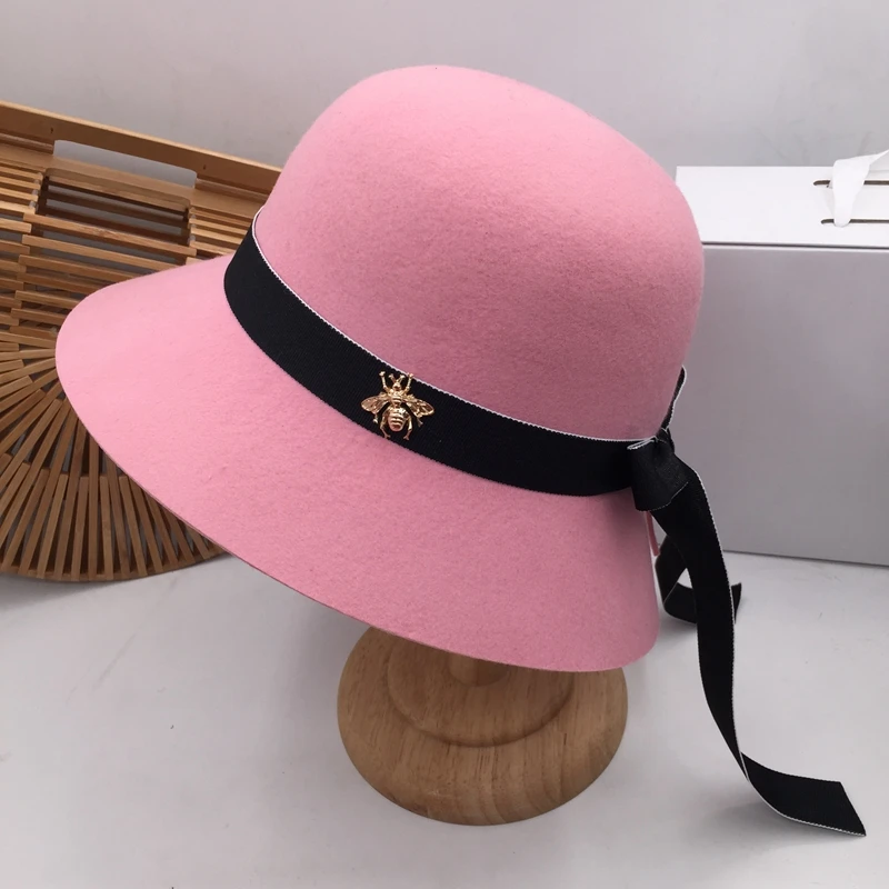 

Fisherman hat female han edition joker sweet wool hat Basin show face little pink bowknot hat elegant hat