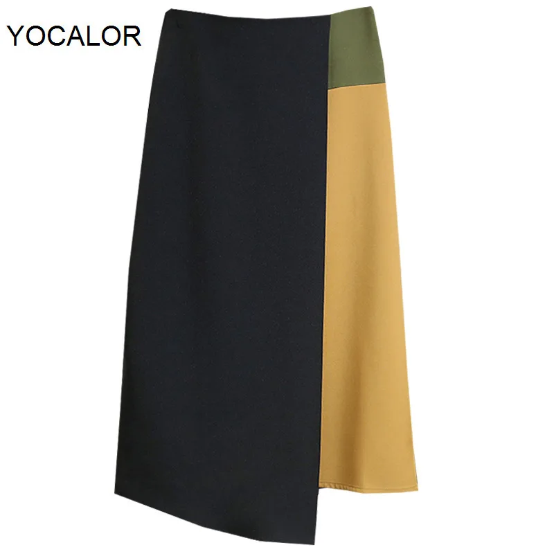 

Yocalor 2020 OL Style Women Skirt High Waist Patchwork Irregular Hem Chic Hit Color Slim Midi A-line Skirts Female Skirts