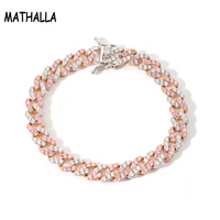 mathalla men women 9mm pink multi cubic zirconia cuban link chain bracelet hiphop copper bangle iced bling jewelry