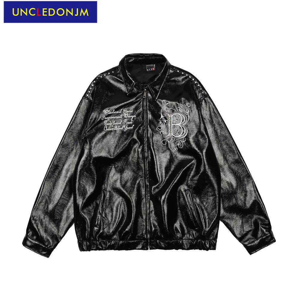 

UNCLEDONJM Letter Embroidery PU Leather Jacket Men High Street vintage Trendy loose Jacket fashion motorcycle jacket coat 6006
