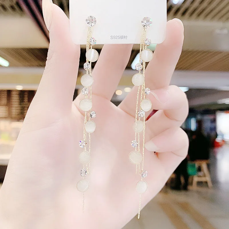 

925 Princess Temperament Long Opal Rhinestone Tassel Earrings Fashion Wild Face Thin Hypoallergenic For Women Fine Jewelry