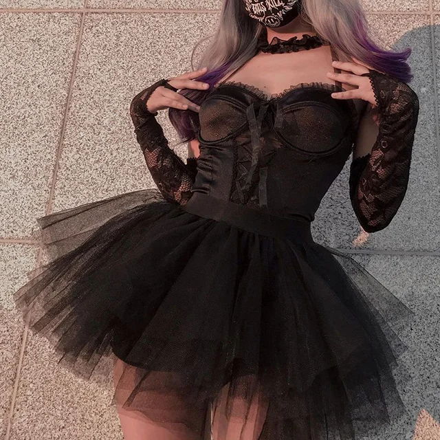

Yangelo Grunge Aesthetic Y2K Girls TUTU Dress Solid High Waist Sexy Mesh Skirt Patchwork Streetwear Women Ball Gown for Party