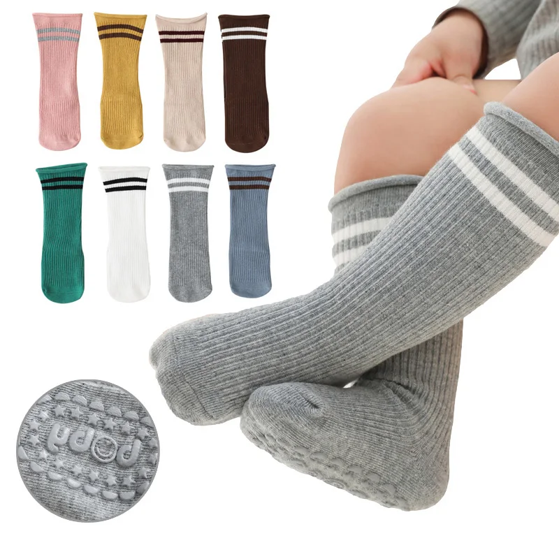 Calcetines largos antideslizantes para bebé, medias de algodón hasta la rodilla, a rayas, accesorios para niño pequeño, primavera y otoño