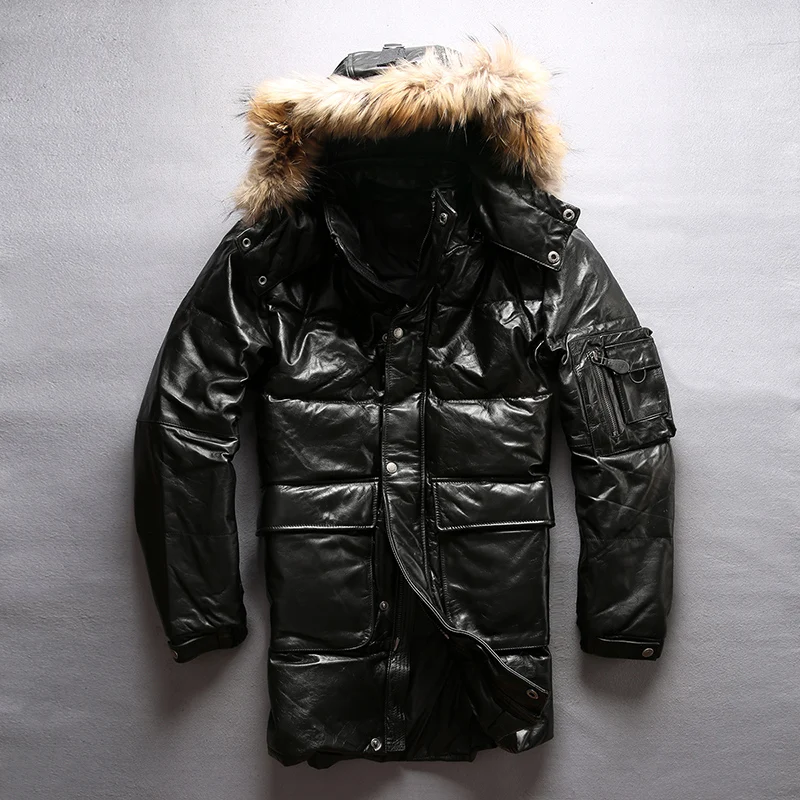 

leather 2021 winter down jacket solid real genuine leather jacket men black cowskin fur hood thick coats casual long clothing