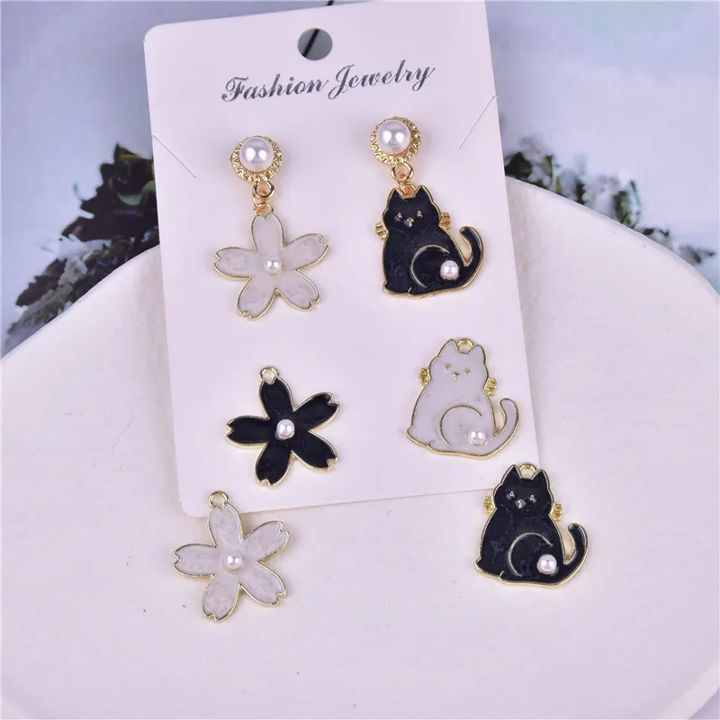 

10pcs/pack lovely Cat and Flower With Pearl Beauty Metal Enamel Charms for Earring DIY Jewelry Making
