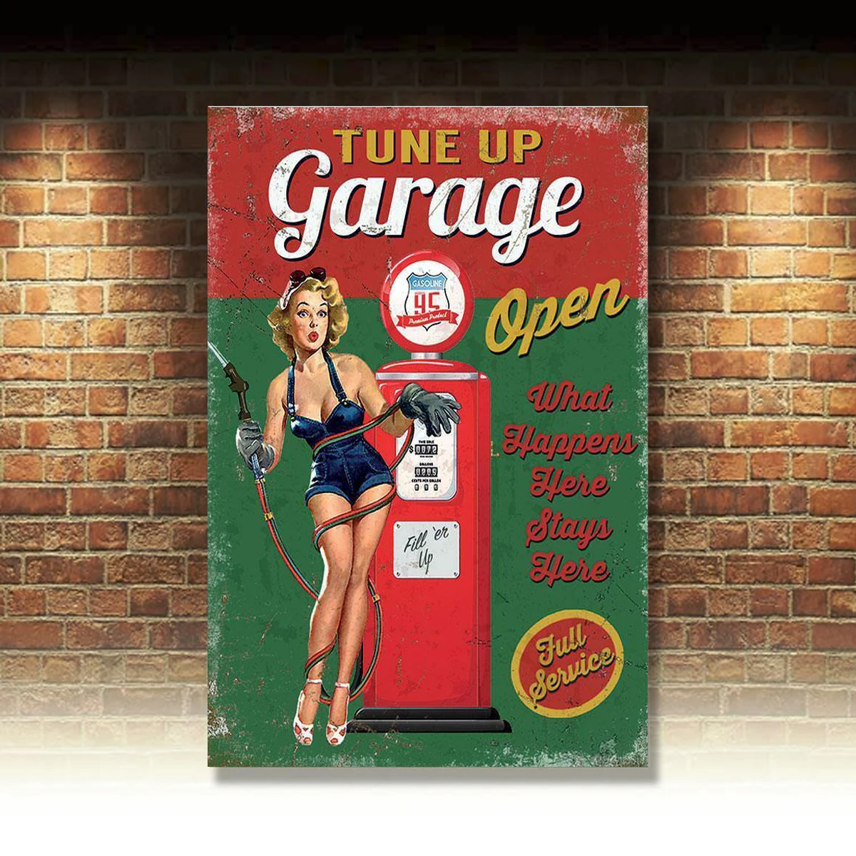 

Tune Up Garage Open, Funny Pin-Up Girl Vintage Pump Small Metal Steel Wall Sign