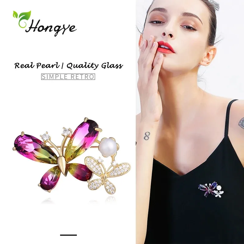 Hongye романтический красный синий кристалл двойная бабочка жемчуг броши для