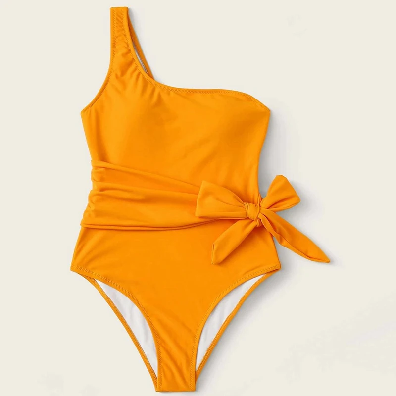 

Sexy One Shoulder One Piece Swimsuit Solid Bathing Suit High Cut Swimwear Women Summer Beachwear 2021 Bodysuit Monokini