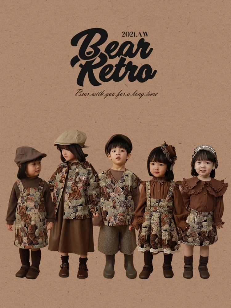 Children's Cartoon Bear Jacquard Girl Dress Retro Shirt Baby Parent-child Outfit Jacket Casual Vest | Мать и ребенок