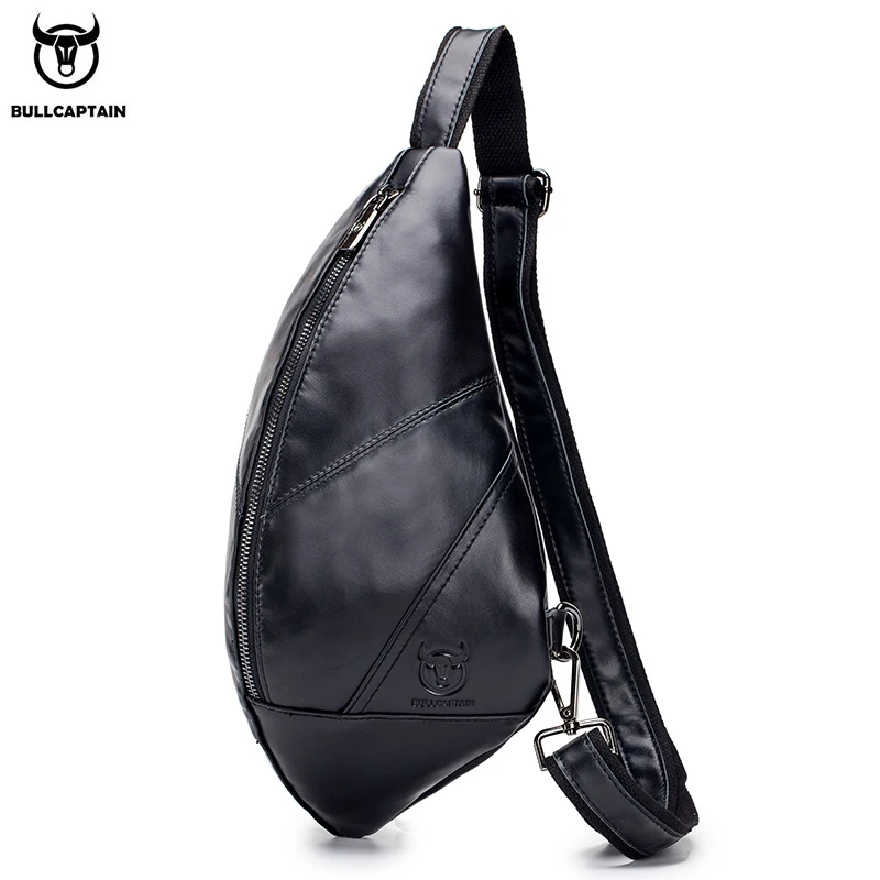 BULLCAPTAIN leather men's chest bag first layer cowhide multi-function sports trend shoulder messenger triangle chest bag
