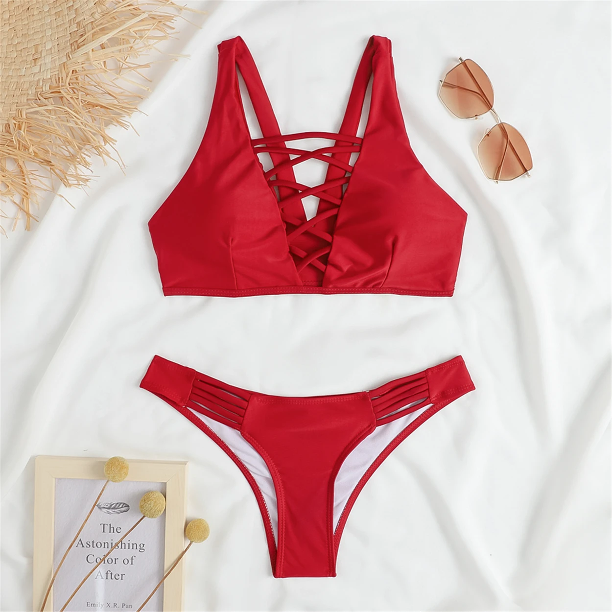 

Print Bikinis 2021 Push Up Swimsuit Lace Up Thong Swimwear Women Spaghetti Strap Bathing Suit Padded Bra Bikini Set Beach