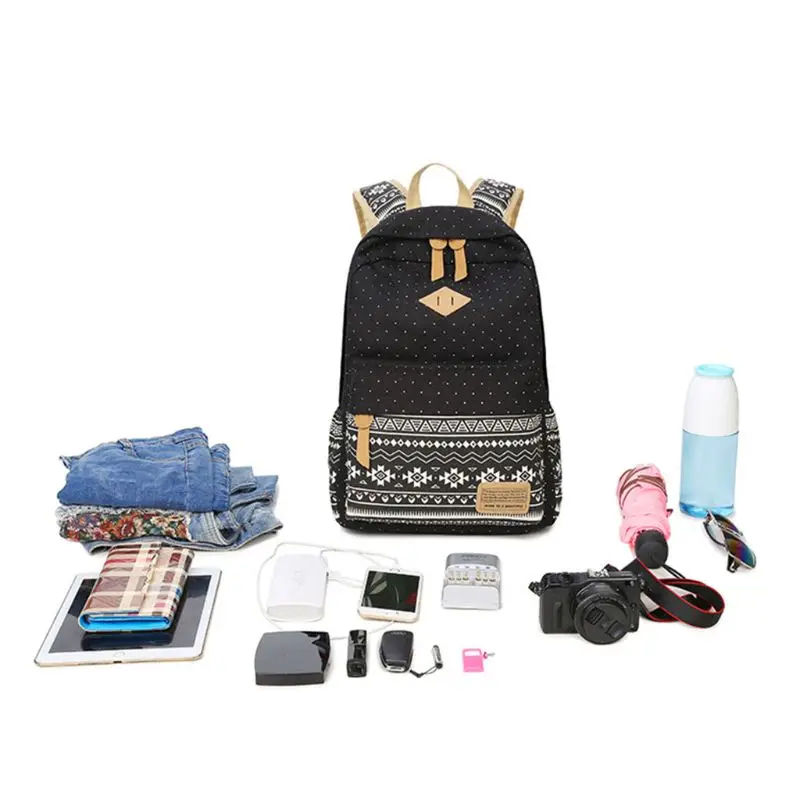 

3pcs School Backpack Canvas Laptop Daypack Schoolbag Bookbag Lunch Bag Purse Set for Teenage Girls J60D