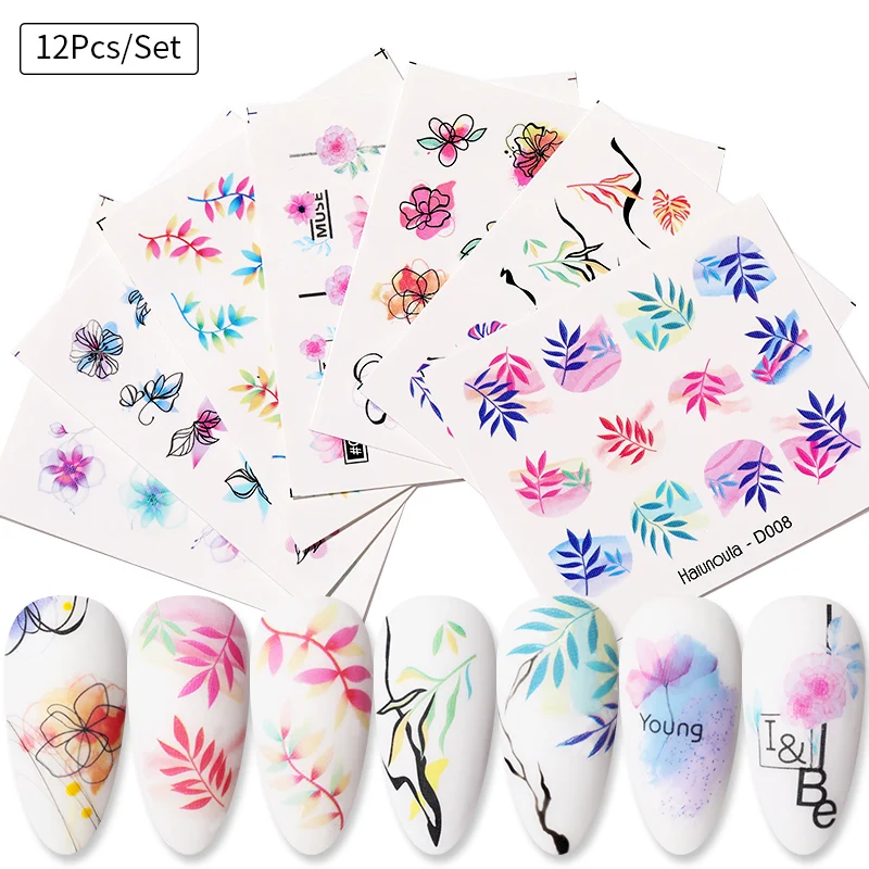 12 листов с яркими весенними цветами лист ногтей Водные Наклейки Абстрактная