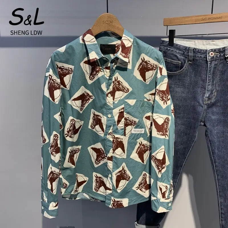 

Men's shirt men's Hong Kong Style versatile loose fashion print coat spring leisure long sleeve shirt ruffian handsome