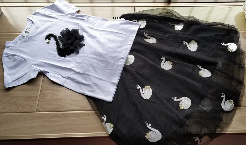 Юбка с вышивкой в виде лебедя для девочек 10-12 лет комплекты из 2 предметов белый