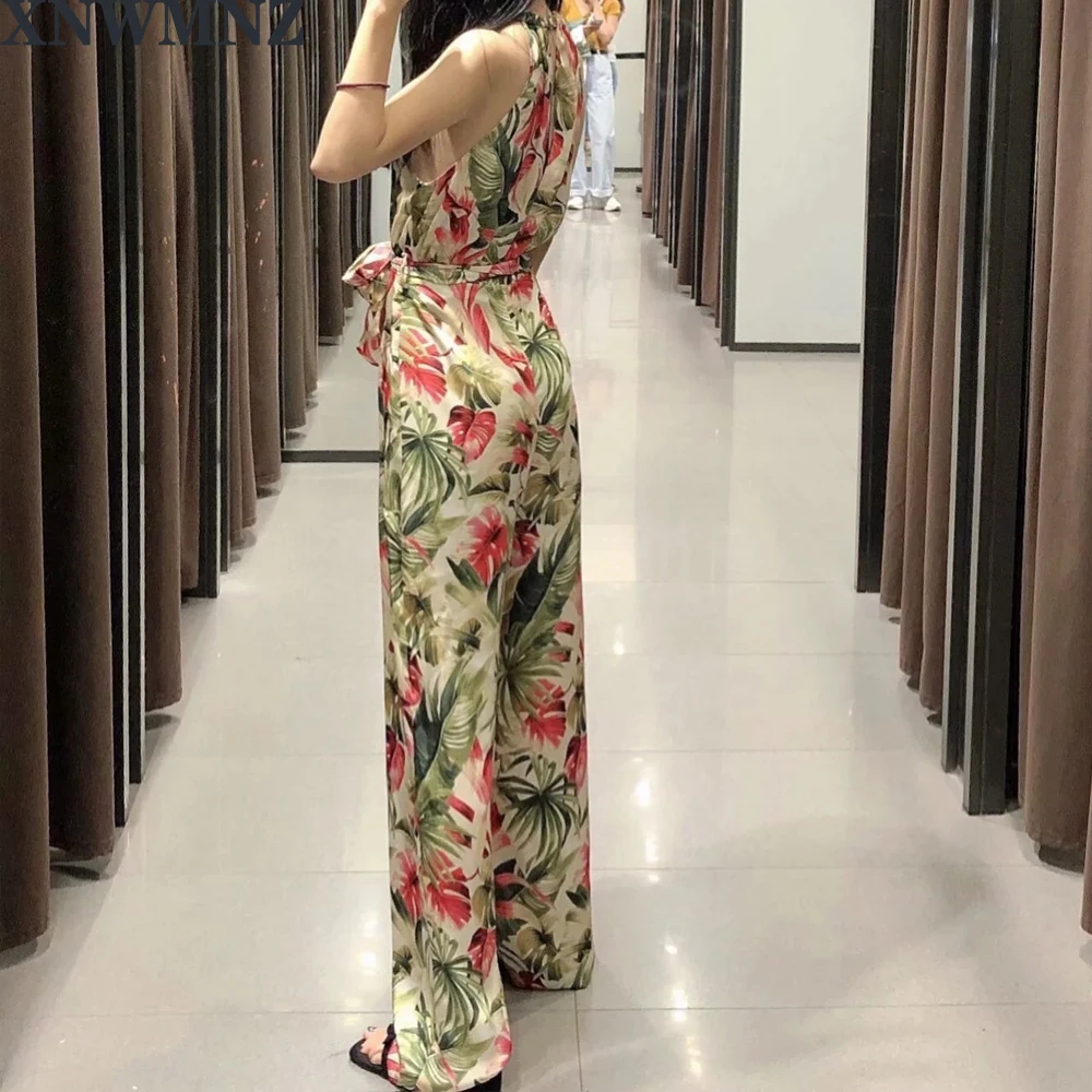 XNWMNZ za Summer Beach Style Halter Jumpsuits Women Fashion Loose Printed Jumpsuit Women Elegant Long Jumpsuits Female Ladies