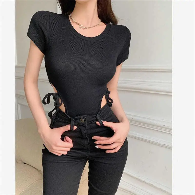 

Bind Dew Waist Short-sleeved Jumpsuits 2021 Summer Sexy Bodysuit Tops O-neck Casual Fashion T Shirts for Women