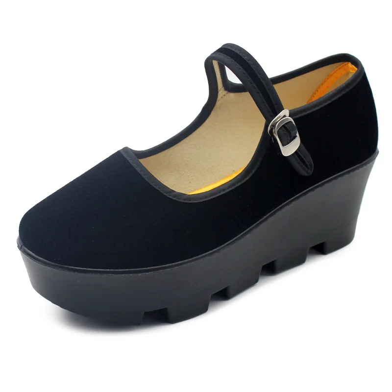

New style cloth shoes high heel thick soled square dance shoes black heel button women's work