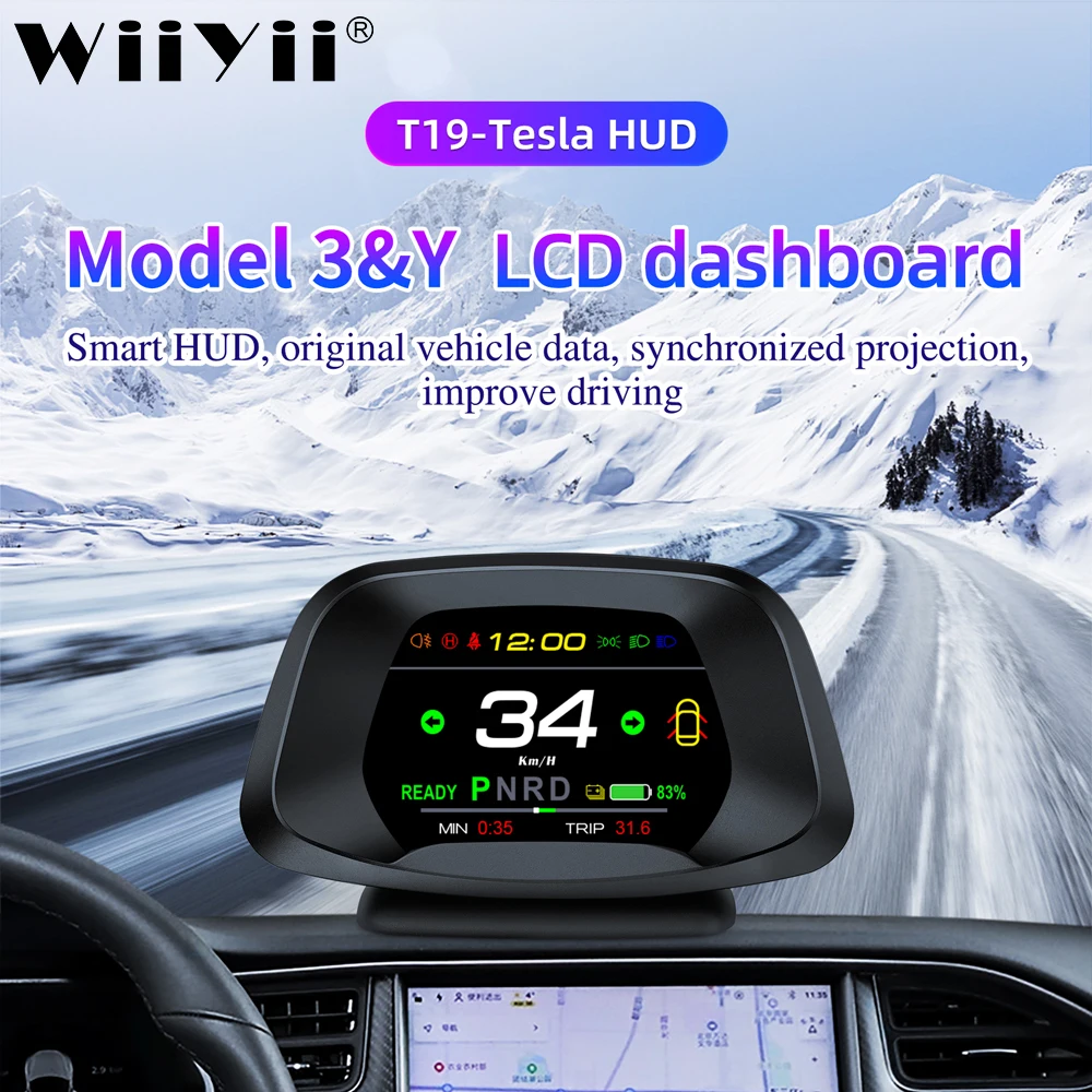 

WIIYII Head Up Display Auto Display Smart Car HUD Gauge speed Indicator light prompt Safety alarm Driving time for Tesla model 3