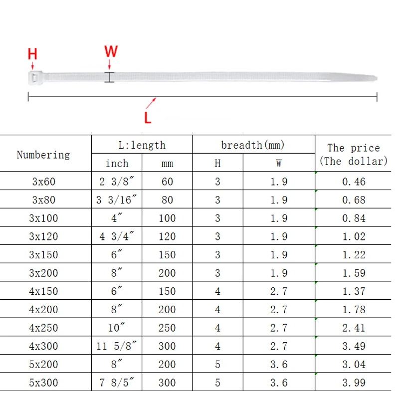 Самоблокирующиеся пластиковые нейлоновые стяжки 100 шт. черно белые кабельные