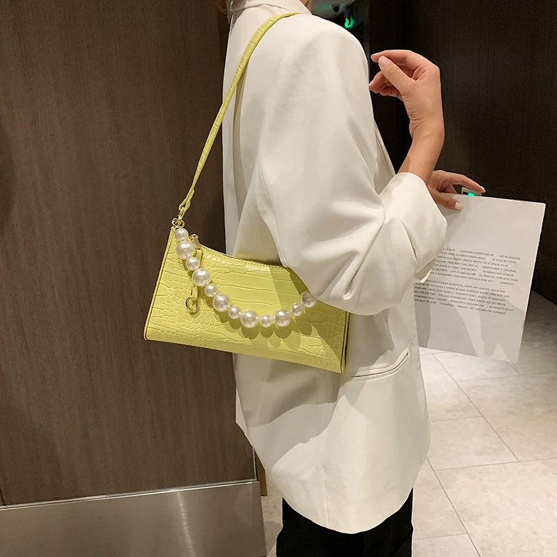 

Pure PU leather crocodile simple pearl handle bags for women 2021 luxury brand women Shoulder Messenger Bag carteras para mujer