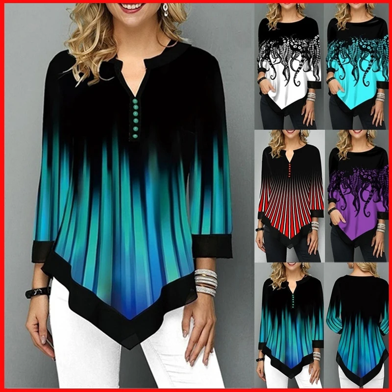 

Irregular Gradient T-Shirts Casual Women Clothing Spring Autumn 3/4 Sleeve Fashion Print Loose Oversized Top Tee Pullovers Tunic