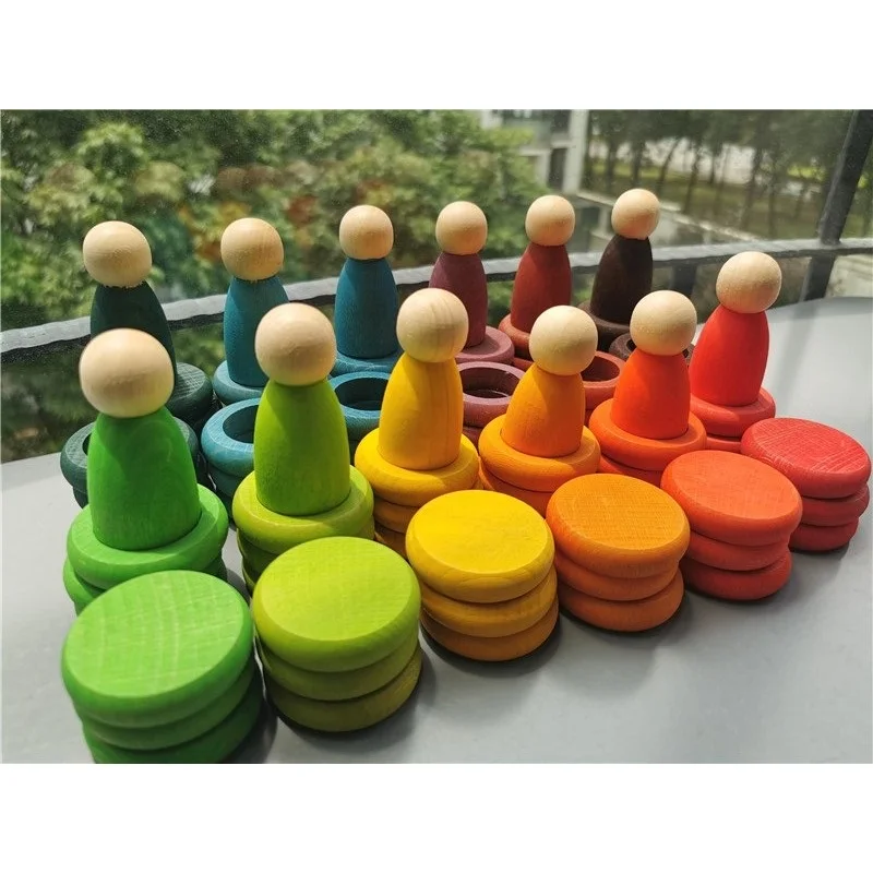 

12 colors Kids Wooden Toys Beech Rainbow Coins and Rings Stackable Blocks Nature Loose Parts Creative Toy