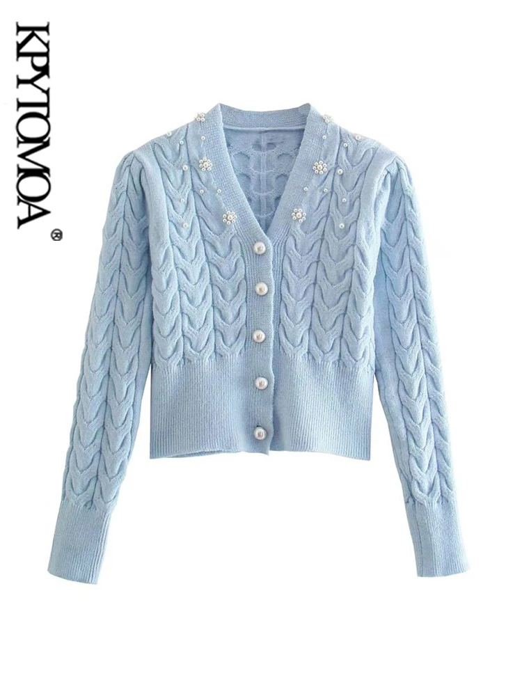 

KPYTOMOA Women 2021 Fashion Pearl Beading Cropped Knit Cardigan Sweater Vintage V Neck Long Sleeve Female Outerwear Chic Tops