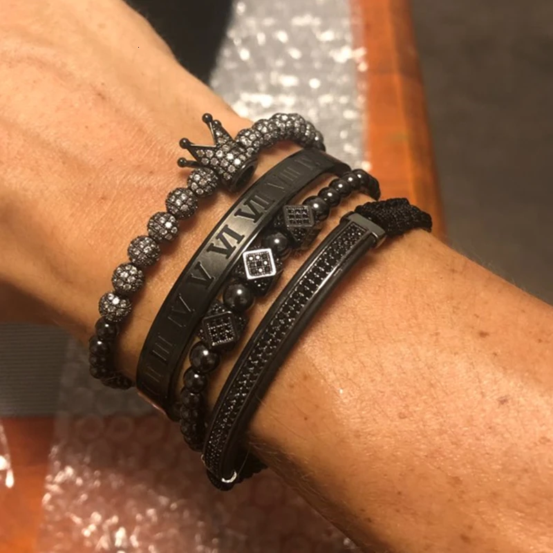 black set A Роскошный Римский Королевский браслет с шармом с короной Мужская мода Золотой Плетеный Регулируемый мужской браслет для хип-хопа ювелирный подарок - Окраска металла: black set A