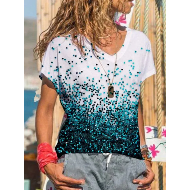 

Women T-shirt Tie dye Gradient DOT Print V-neck Short Sleeve Tshirt Streetwear Beach Casual Fashion European Female Tees Tops