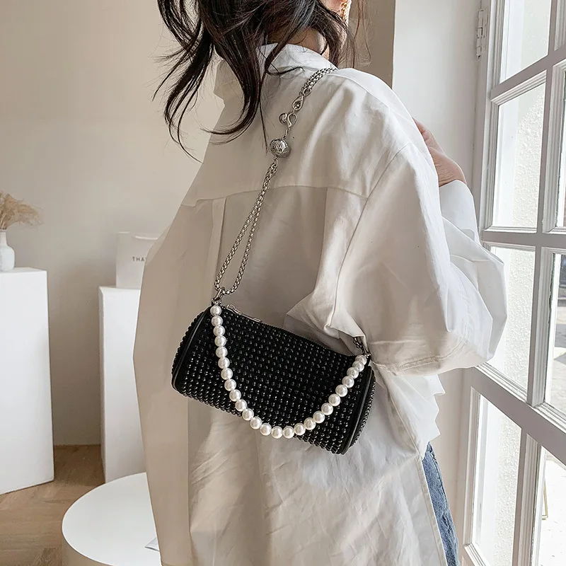 

Ladies Personalized Shoulder Bag Messenger Bag Fashion Shiny Rhinestone Drum Bag Pearl Handle Tote Bag Chain Armpit Bag