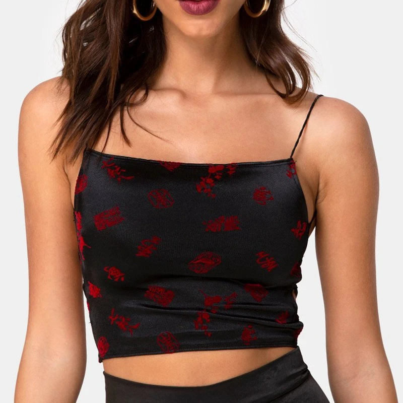 

2021 Sexy Backless Bandage Cami Spaghetti Strap Top Summer Goth Sleeveless Cropped Women Black Red Clothes