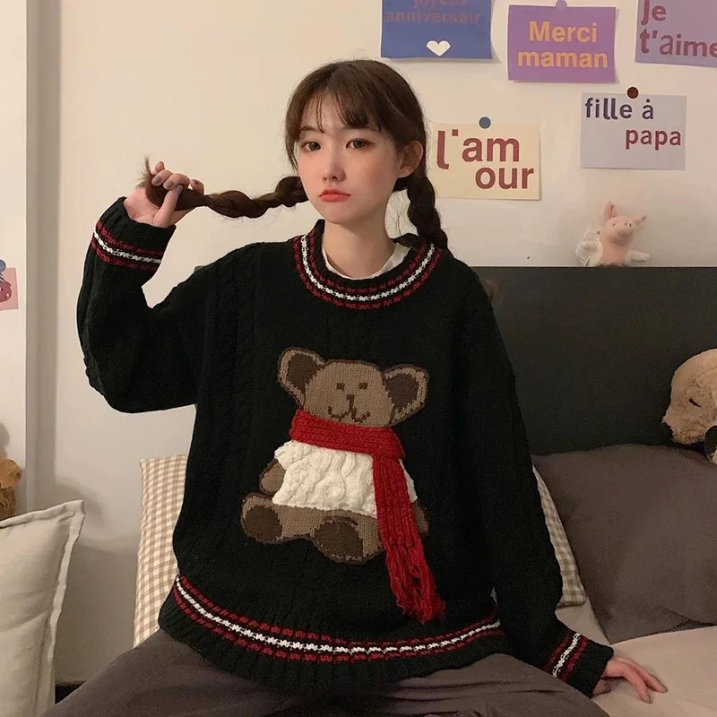 

Fashion Korean Sweet Cute Ear Embroidery Pullover Sweater Women Autumn Winter Loose Warm Knitted Sweater New Chic Preppy Sweater