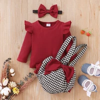 baby girl clothes set flying sleeve knitted shirt tops bow bib pants plaid shorts infant outfits baby clothing newborn girl sets
