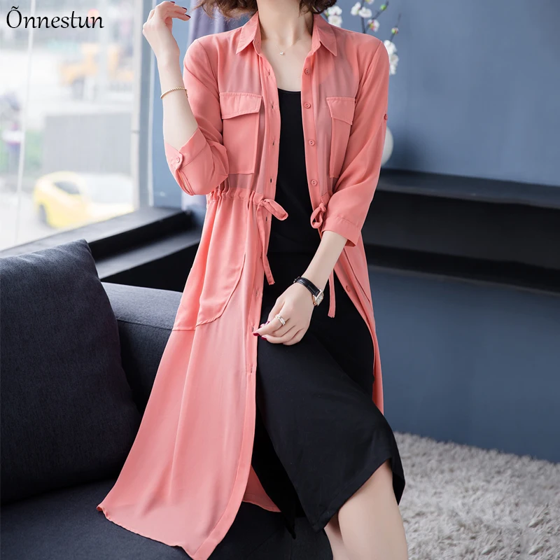 

Chiffon Women's Shirt Summer 2021 Solid Sun Protection Cardigan Single-breasted Women's Blouse Outerwear Thin Blouses For Women