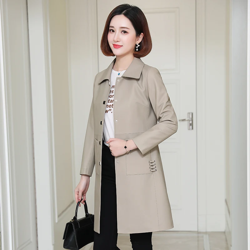

2020 new autumn Haining leather coat sheepskin coat medium length Slim Skinny leather windbreaker large size