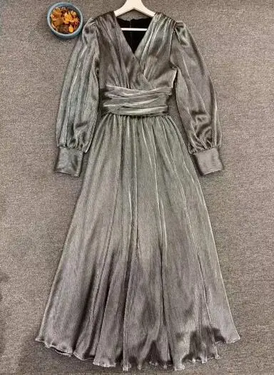 Grey Top Quality New Autumn Winter Long Evening Vestidos Women V-Neck Lux Party Long Sleeve Maxi Dress Grey Champage Ladies - Цвет: Grey
