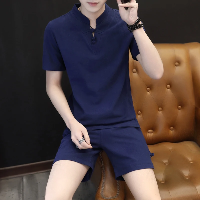 

clothes men's 2 Summer pieces sets Casual shorts and Short-sleeved t shirt men breathable Slim Fit V neck linen suits 2020