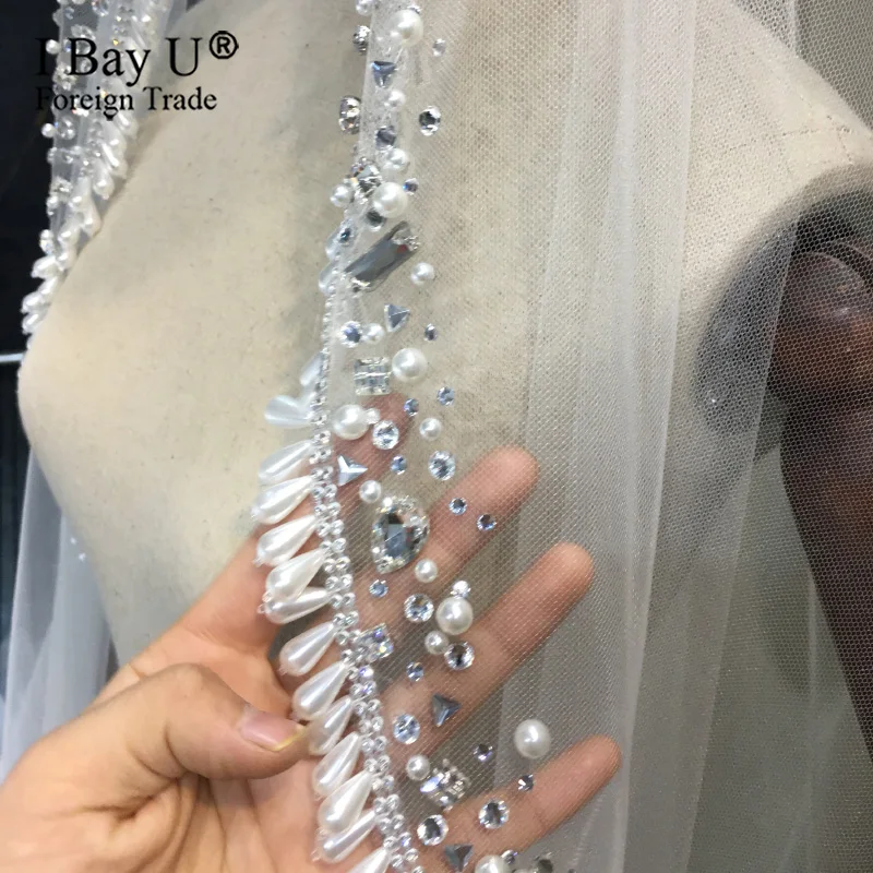 Роскошная длинная стразы свадебная фата с искусственным жемчугом блестящая Фата
