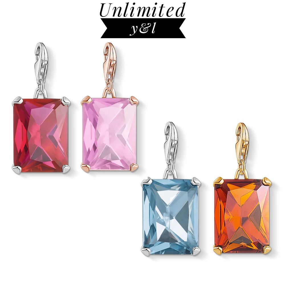 

Red/Pink/Blue/Orange Zircon Stone Charm Pendants Fit DIY Bracelets Necklace 925 Sterling Silver Jewelry Rose Gold Color Gifts