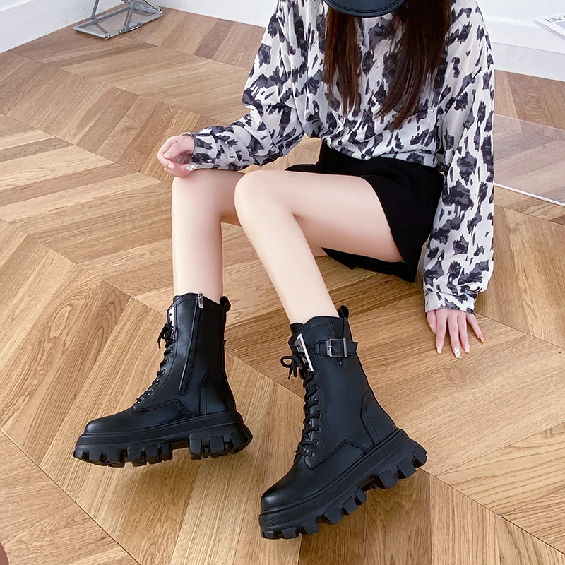 

Женские ботинки из натуральной коровьей кожи, с круглым носком, на толстом каблуке