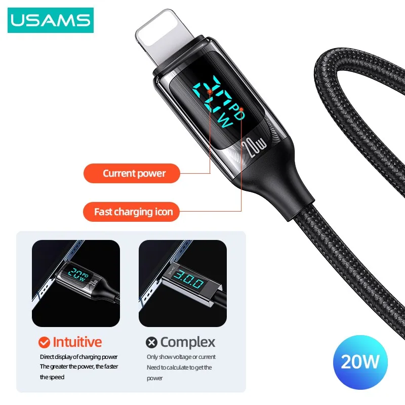 USAMS Светодиодный кабель дисплея 100W 6A PD QC Быстрая зарядка USB A C К типу Телефонный