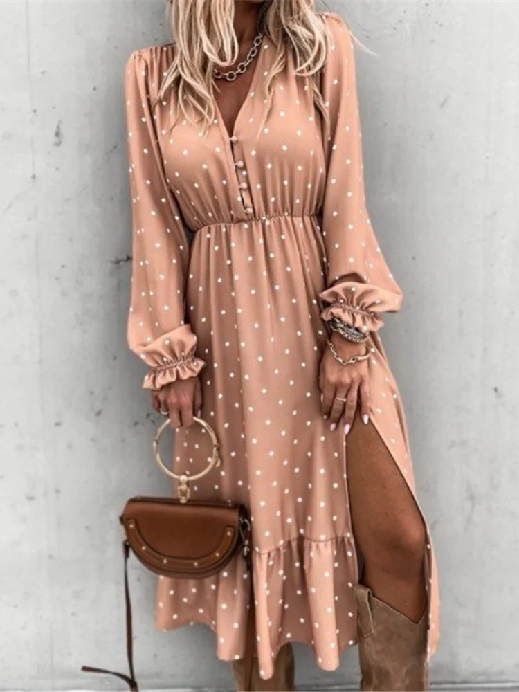 

Women's 2021V Collar Ear Clip Polka Dot Su Fold Printed Long Sleeve Dress