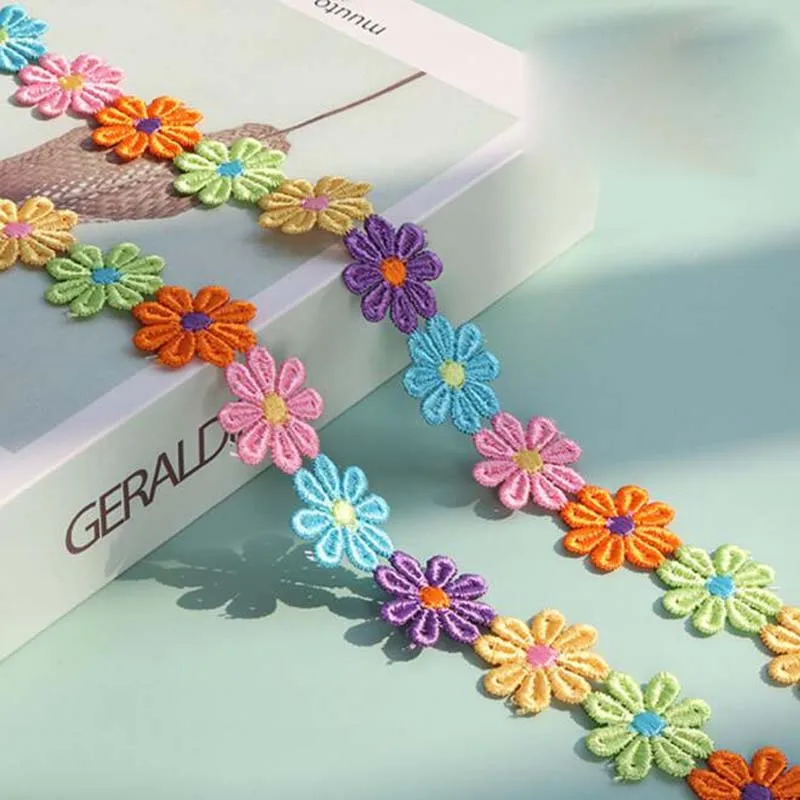 

2Y Multicolor Small Daisy Embroidered Lace Trim Ribbon Tape for Party Wedding Home Decor DIY Garment Sewing Fabric