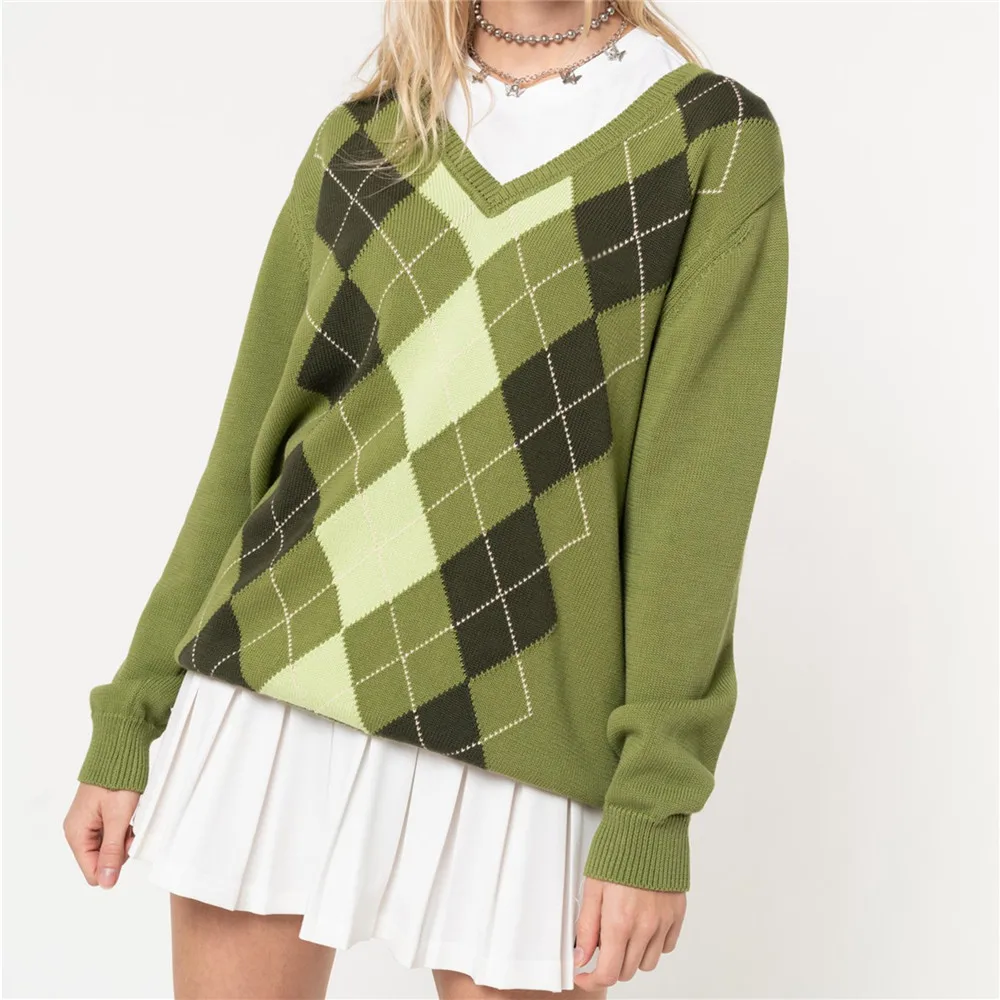 

3 Color Thicker Warm Plaid Print Jumper Women Long Sleeve V-Neck Knitwear Sweater Top 2021 Autumn Winter Clothing Pullover Green